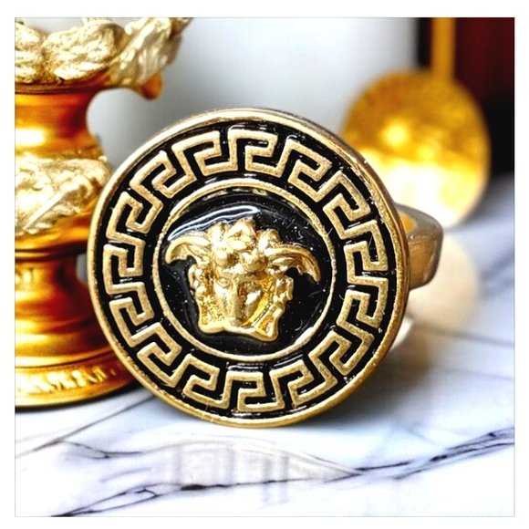 Jewelry - Luxury Gold Plated Medusa Greek Key Black Enamel Ring